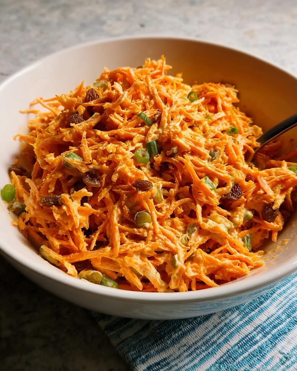 A close-up of a creamy carrot salad with raisins and green onions, perfect for quick veggie sides recipes.