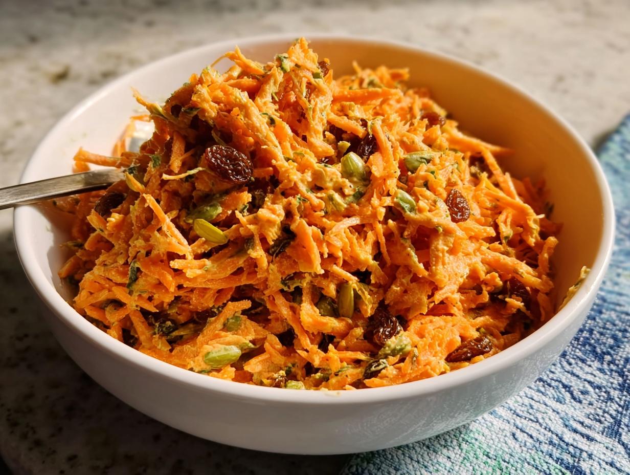 A bowl of shredded carrot salad with raisins and seeds, a perfect 15 minute veggie side recipe.