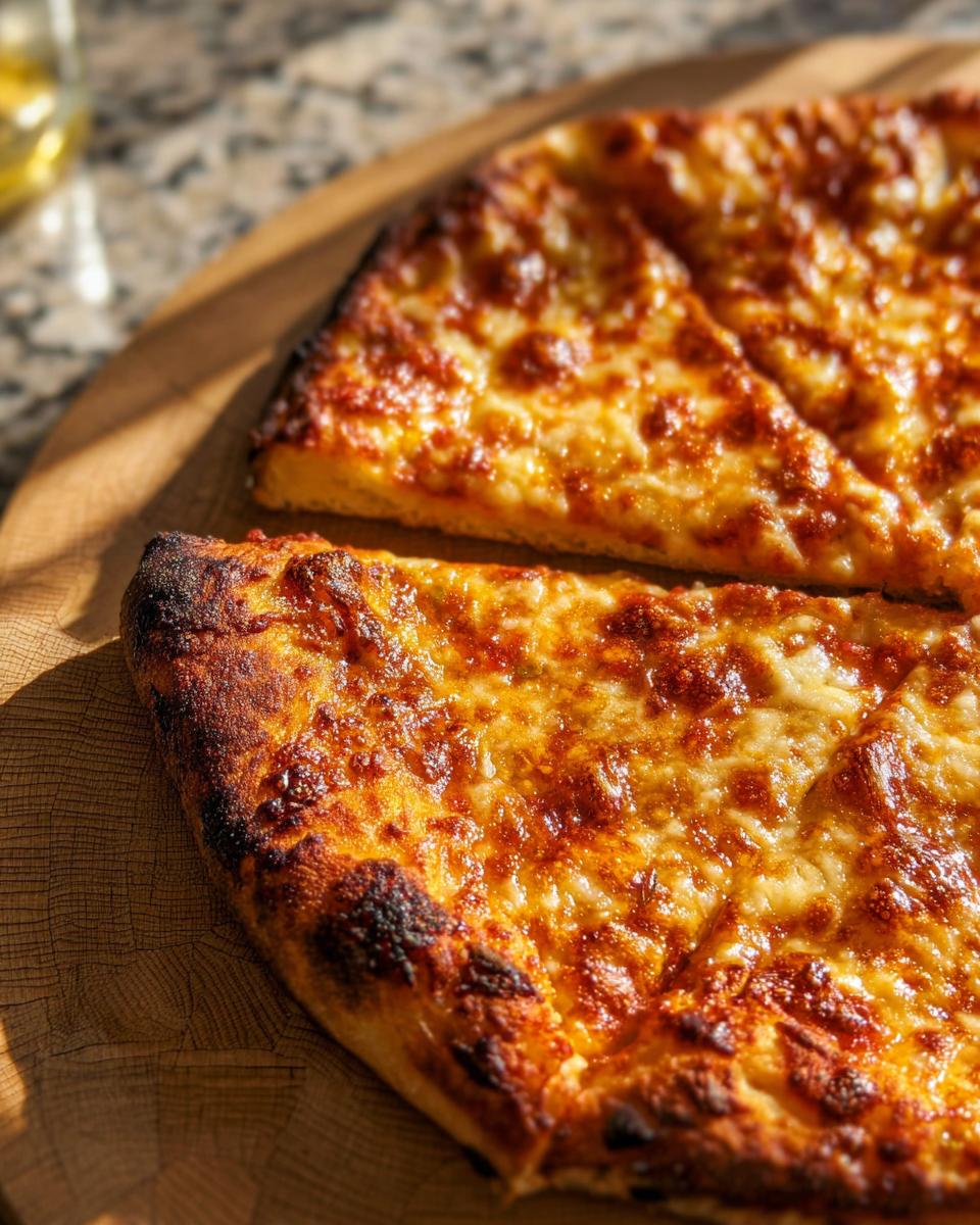 Close-up of two slices of golden-brown cheese pizza with a bubbly, melted cheese topping, perfect for Pizza Night.