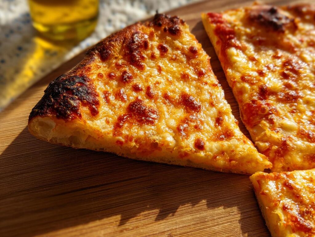 Close-up of three slices of cheese pizza, featuring melted golden cheese and a crispy crust, perfect for pizza night recipes.
