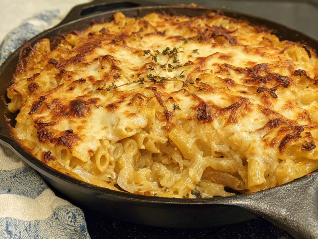 Close-up of a cheesy baked pasta recipe in a cast iron skillet, bubbling and golden brown.