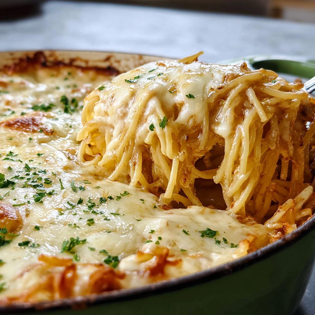 A serving of cheesy baked spaghetti being lifted from a green casserole dish, garnished with parsley. This is one of The Only Pasta Recipes Recipe You’ll Need.