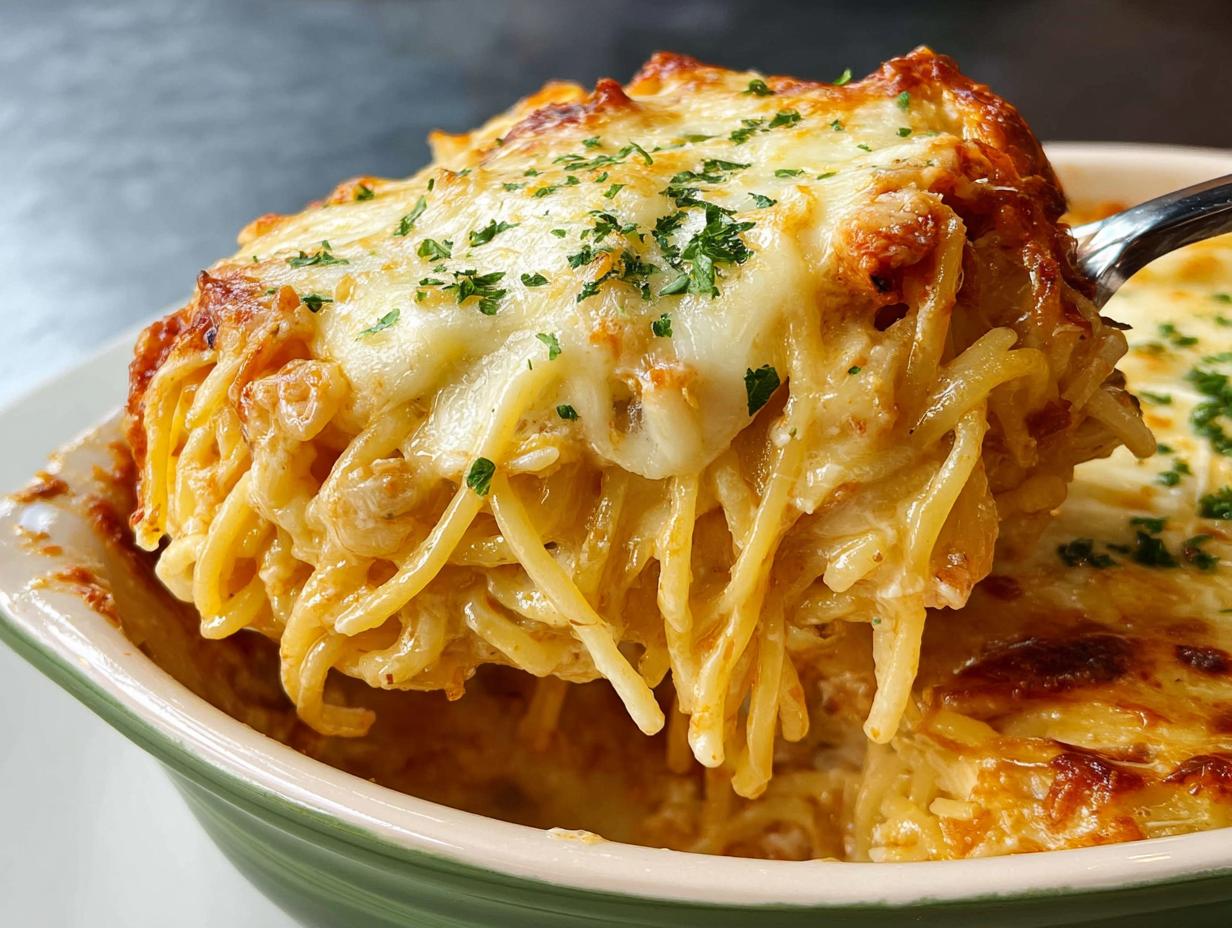 A serving spoon lifts a generous portion of cheesy baked spaghetti from a casserole dish, topped with melted cheese and parsley.