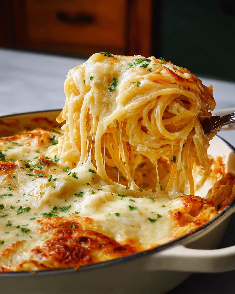 A fork lifting a cheesy portion of spaghetti bake from a dish, showing melted cheese strings.