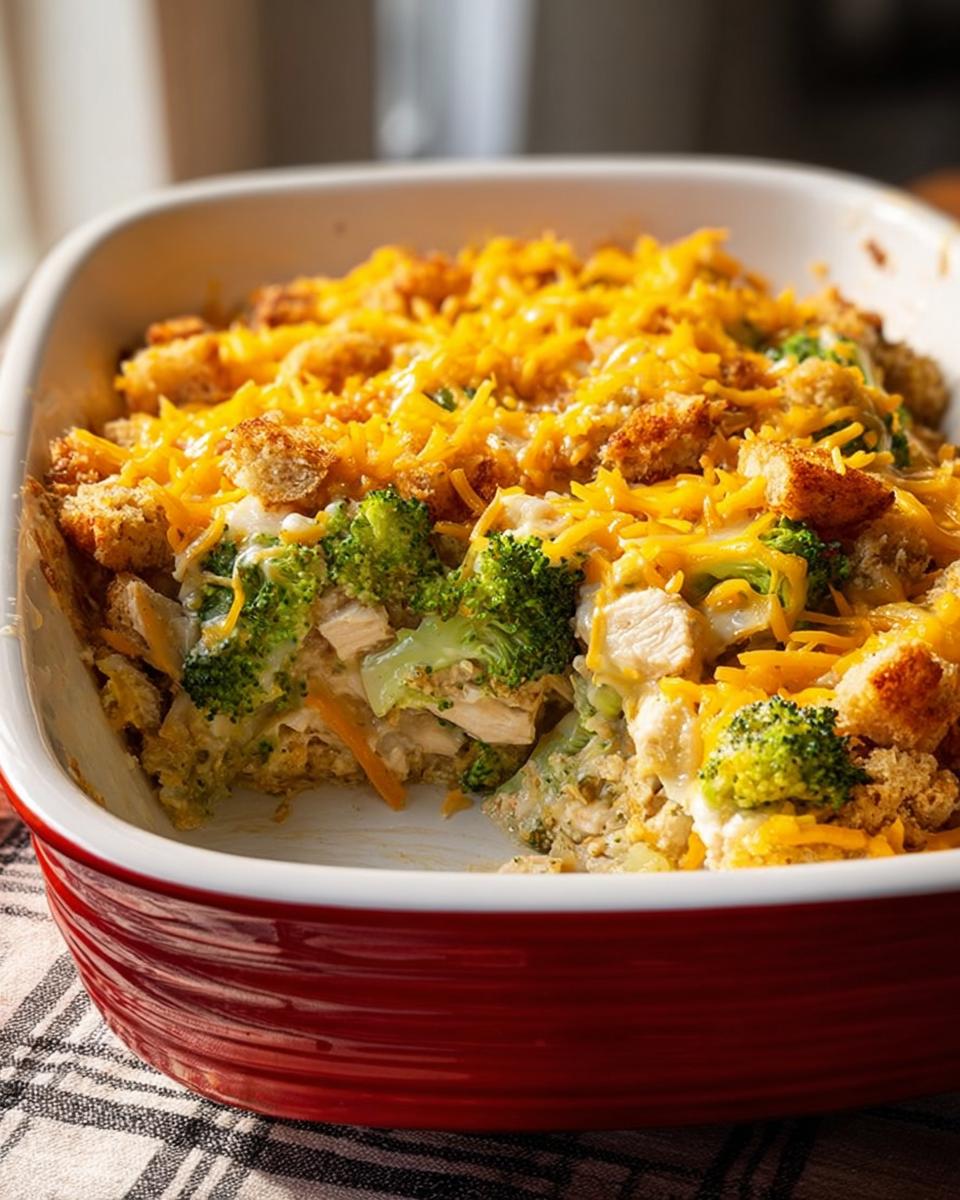 A delicious chicken broccoli casserole with melted cheddar cheese and croutons in a red baking dish.