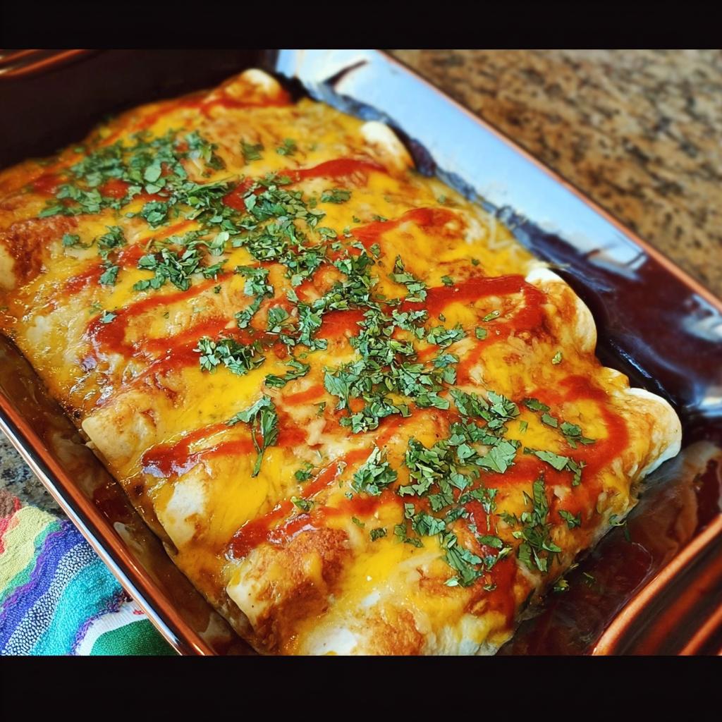 A pan of delicious chicken enchiladas topped with melted cheese, red sauce, and fresh cilantro.