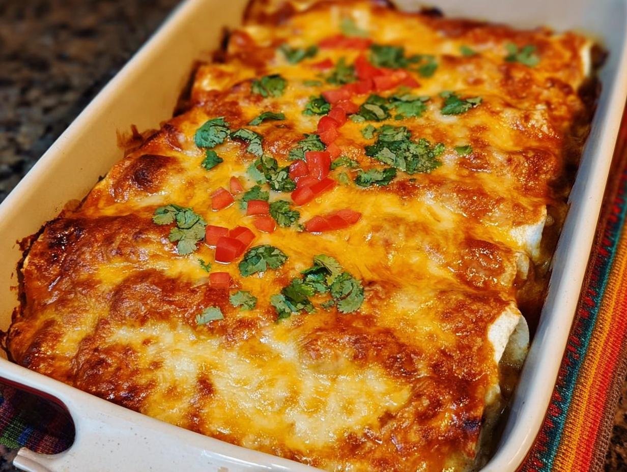 Close-up of baked chicken enchiladas in a casserole dish, topped with melted cheese, cilantro, and diced tomatoes.