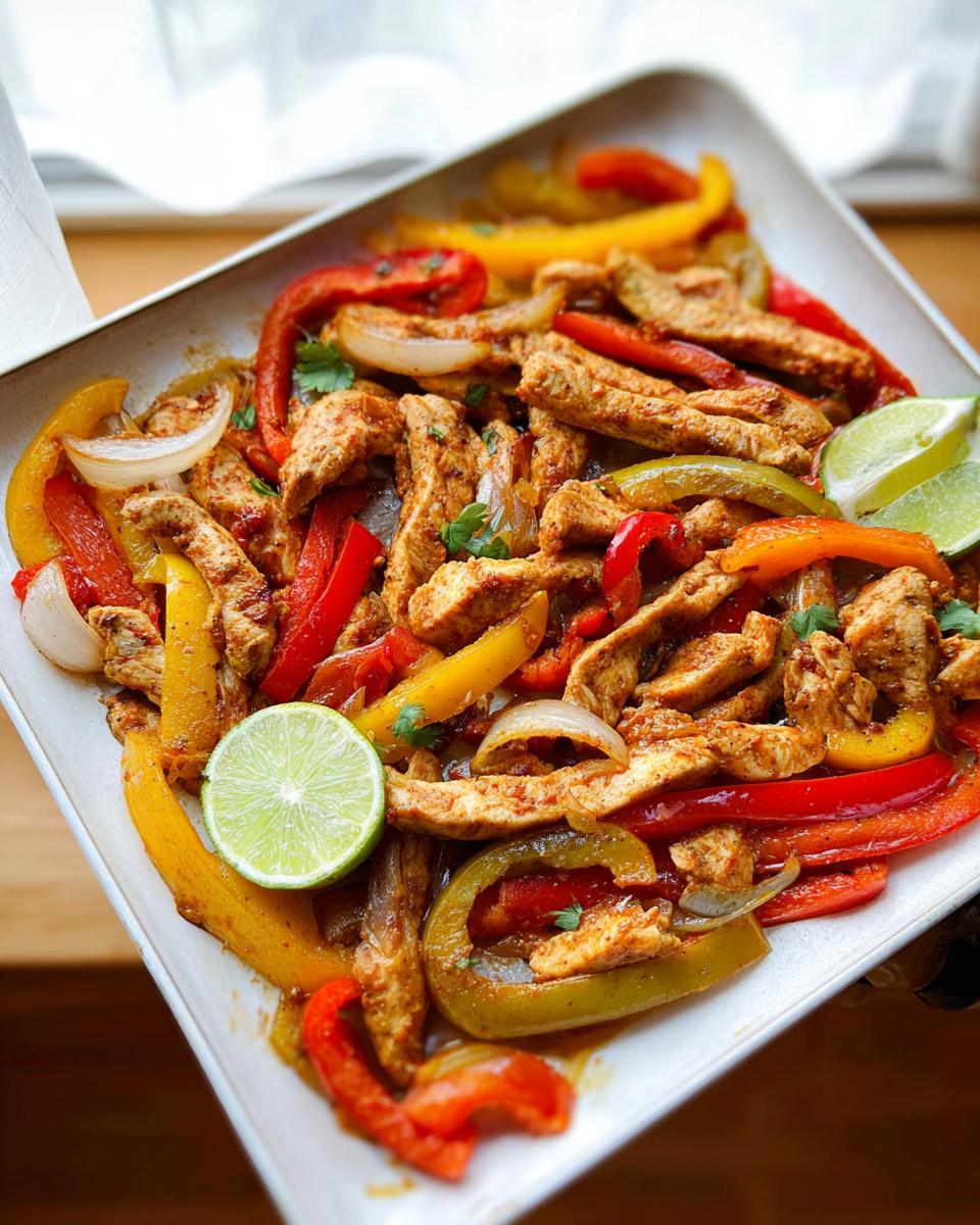 A platter of colorful chicken fajitas with sliced bell peppers, onions, and lime wedges, perfect for busy weeknights.