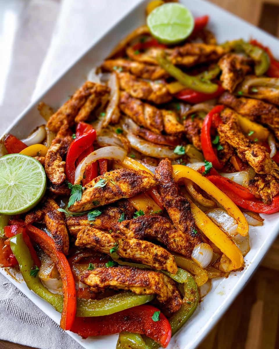 A colorful platter of seasoned chicken strips with bell peppers and onions, garnished with lime wedges. A great chicken recipe idea for busy weeknights.