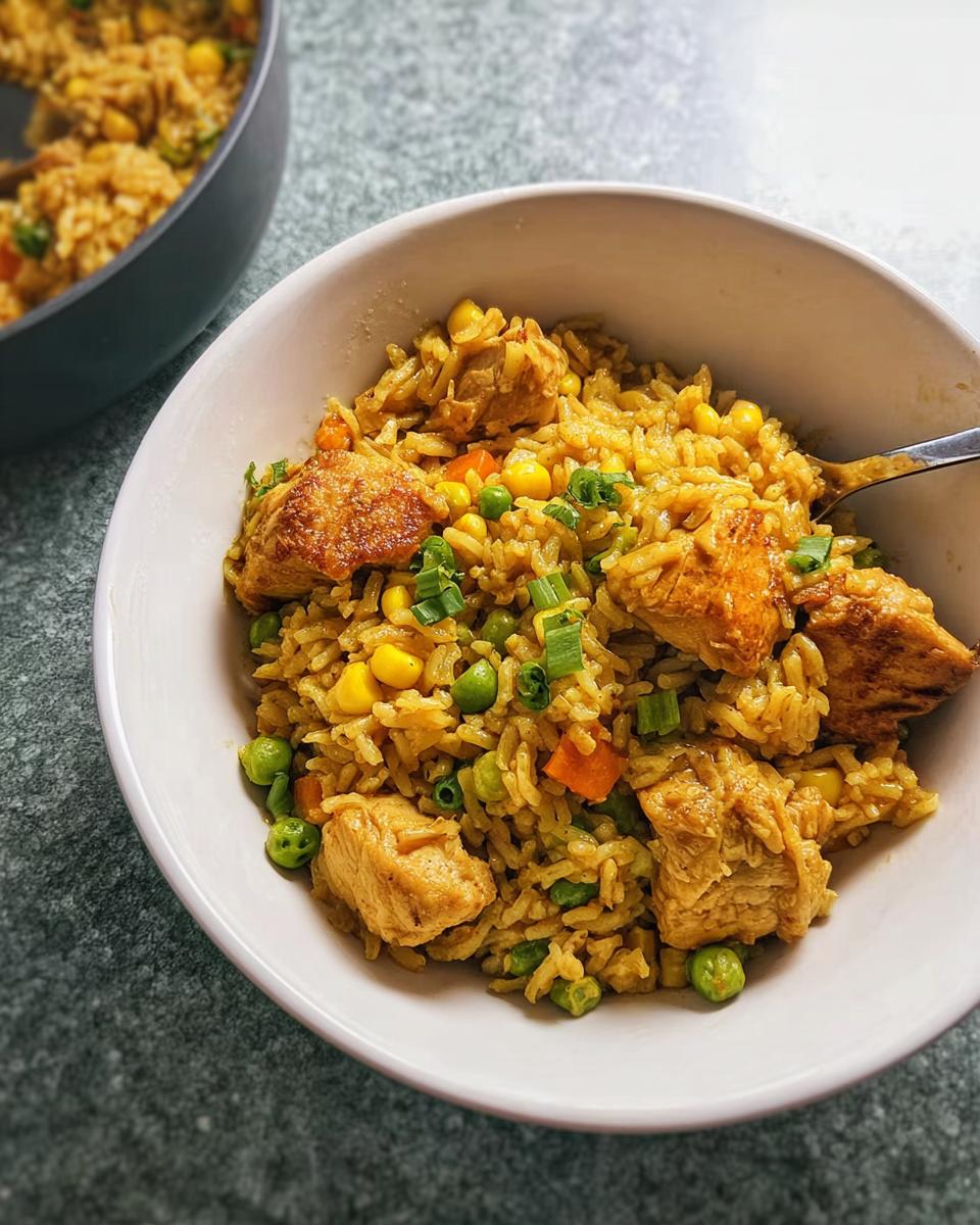 A bowl of delicious chicken fried rice with peas, corn, and carrots, perfect for quick rice bowls recipes.