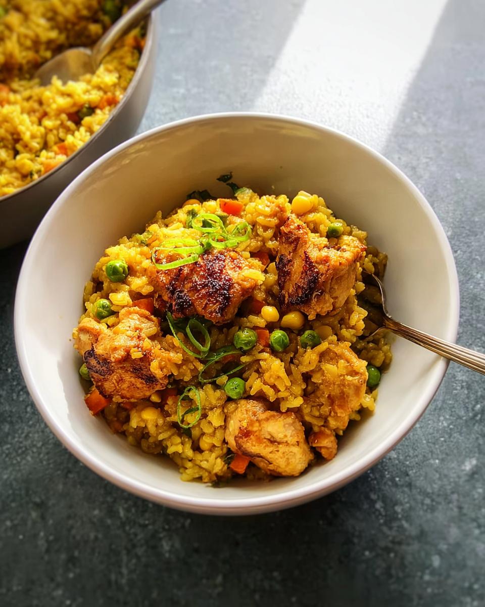 A close-up of a delicious chicken fried rice bowl, featuring tender chicken pieces, peas, corn, and carrots.