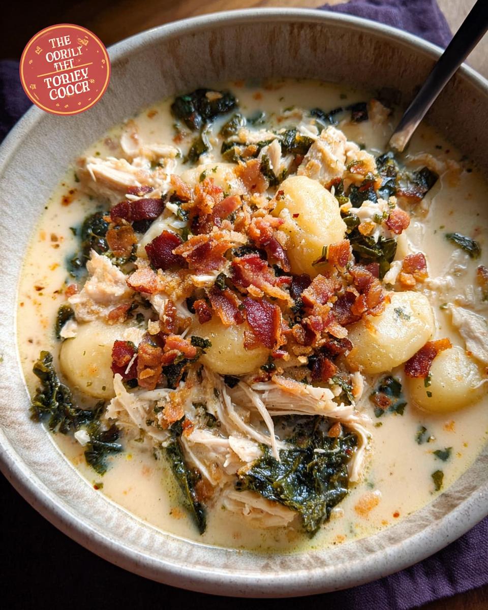 Close-up of a bowl of creamy chicken gnocchi soup with kale and crispy bacon topping.