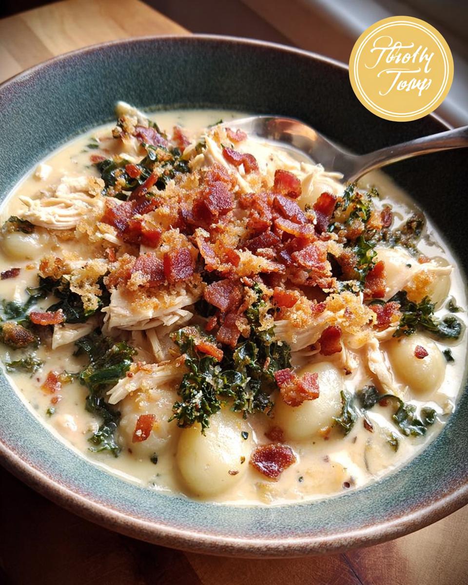 Close-up of a bowl of creamy chicken gnocchi soup with kale and crispy bacon topping.