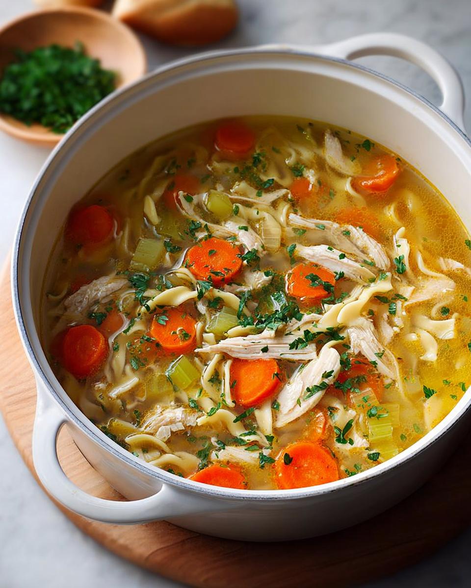 A close-up of a pot of homemade chicken noodle soup, featuring tender chicken, wide noodles, carrots, and celery, garnished with fresh parsley.