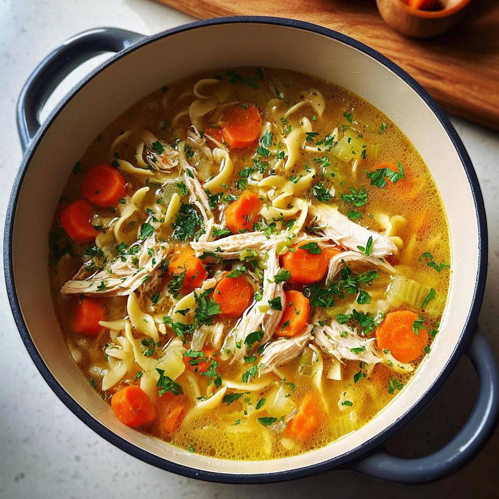 A steaming pot of homemade chicken noodle soup, filled with tender chicken, carrots, celery, and noodles.