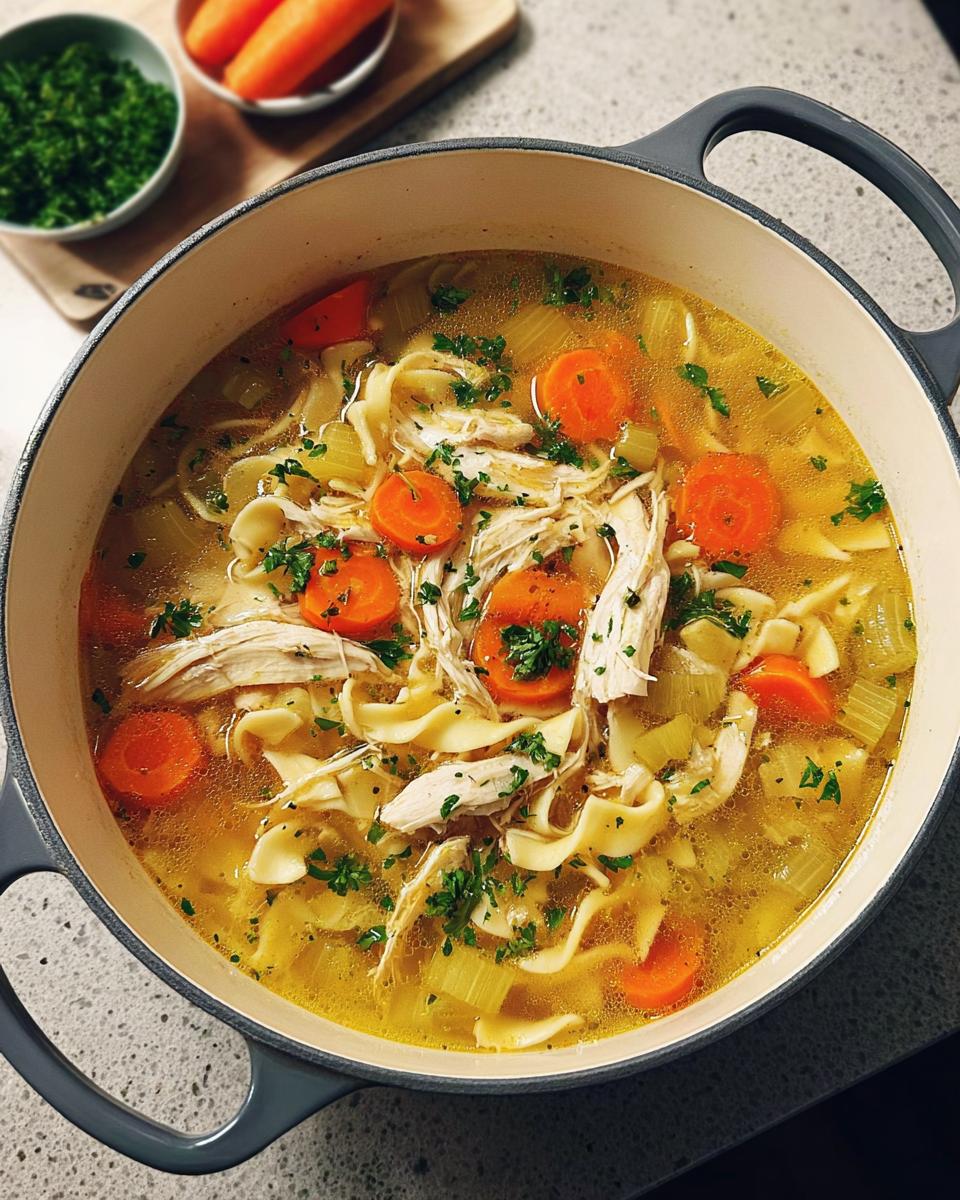 A steaming pot of homemade chicken noodle soup with shredded chicken, wide noodles, carrots, and celery, garnished with parsley.