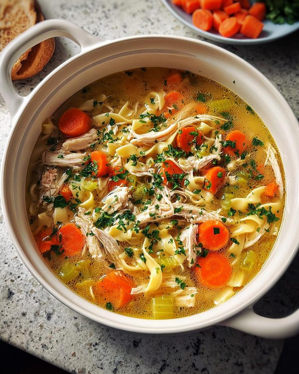 A steaming bowl of homemade chicken noodle soup, packed with shredded chicken, wide egg noodles, carrots, and celery, garnished with parsley.