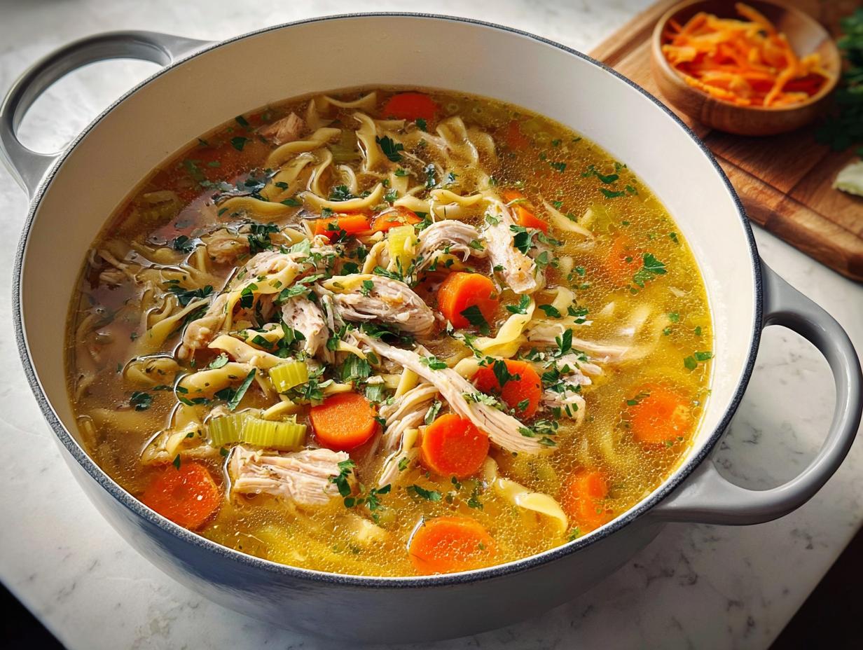 A steaming pot of homemade chicken noodle soup with shredded chicken, wide noodles, carrots, celery, and parsley.