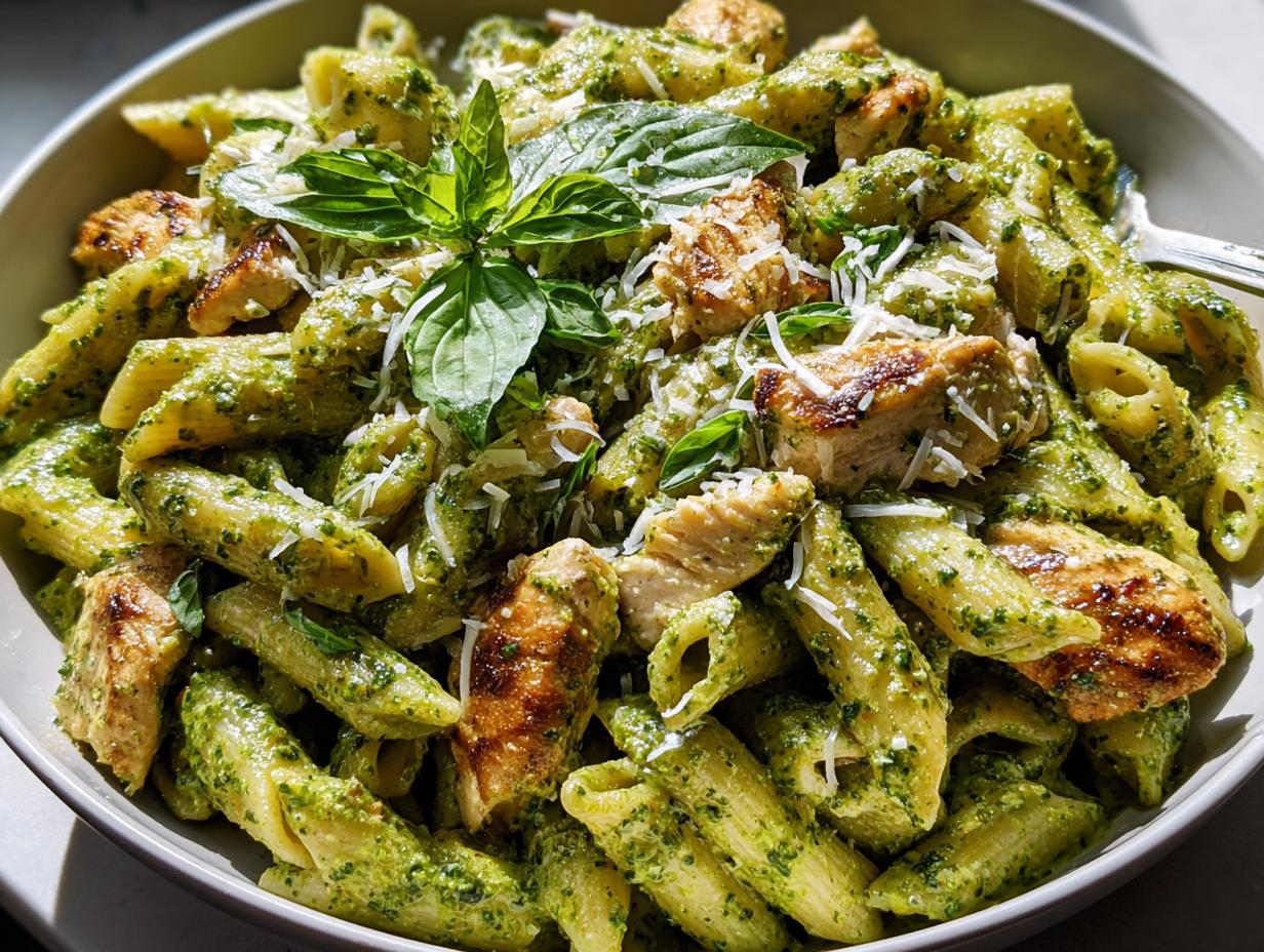 A close-up of penne pasta tossed with vibrant green pesto sauce and grilled chicken pieces, garnished with Parmesan cheese and basil.