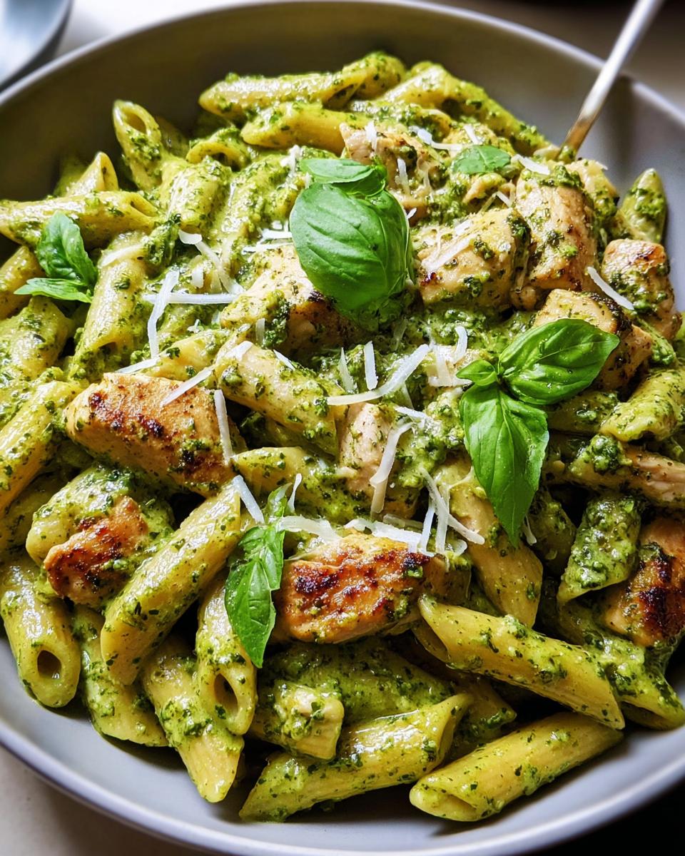 A bowl of penne pasta with chicken and vibrant green pesto sauce, garnished with basil and parmesan.