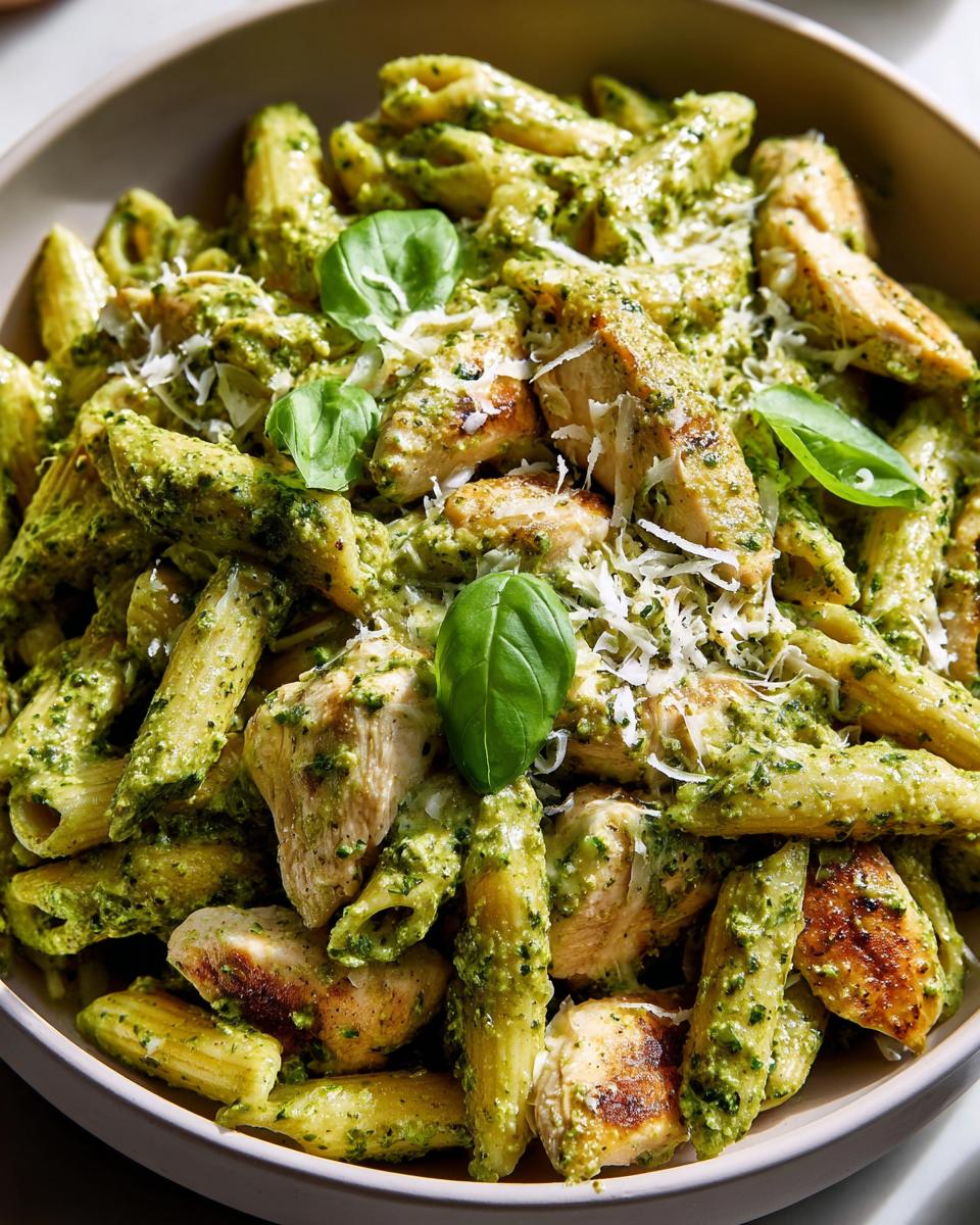 Close-up of penne pasta with grilled chicken pieces coated in vibrant green pesto sauce, garnished with basil leaves and Parmesan cheese.