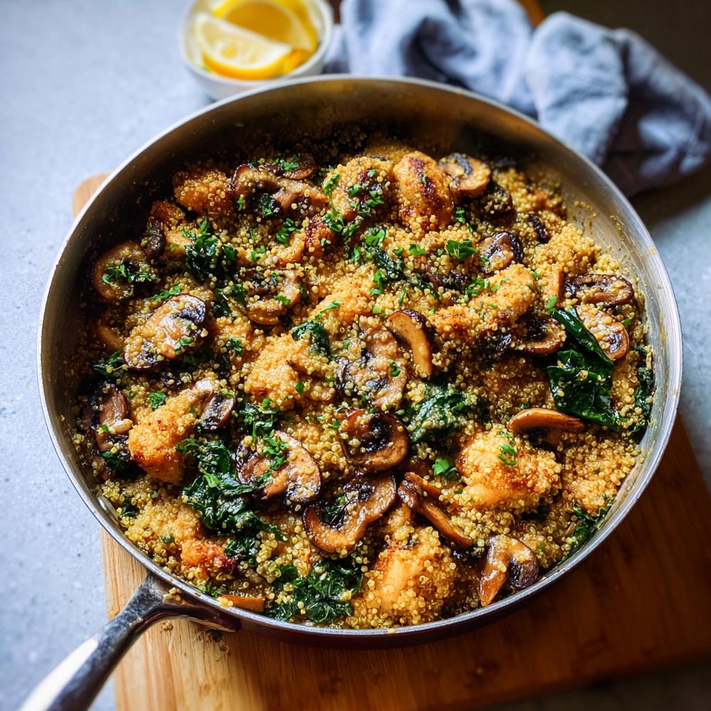 A delicious skillet dish featuring chicken, quinoa, mushrooms, and kale, garnished with parsley.