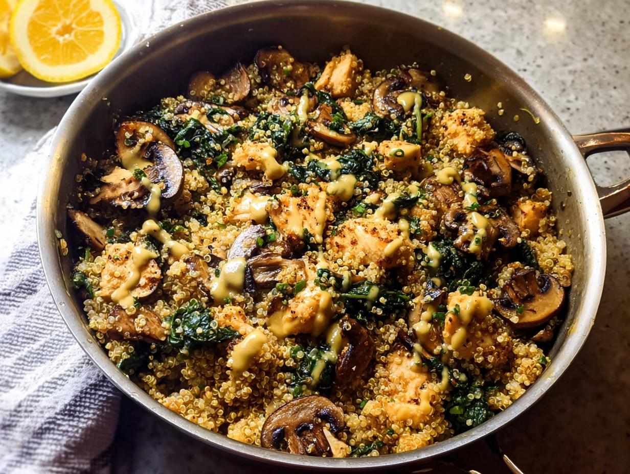 A delicious skillet dish featuring chicken, quinoa, mushrooms, and greens, drizzled with a creamy sauce. Part of The Ultimate Chicken Recipes Guide for Beginners.