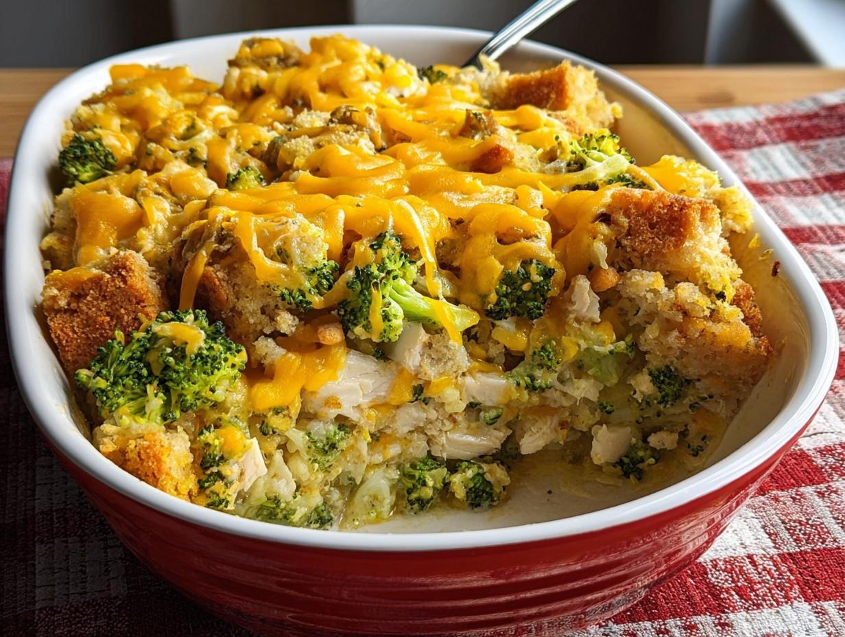 A close-up of a baked chicken recipe casserole with broccoli, cheese, and bread cubes in a red dish.