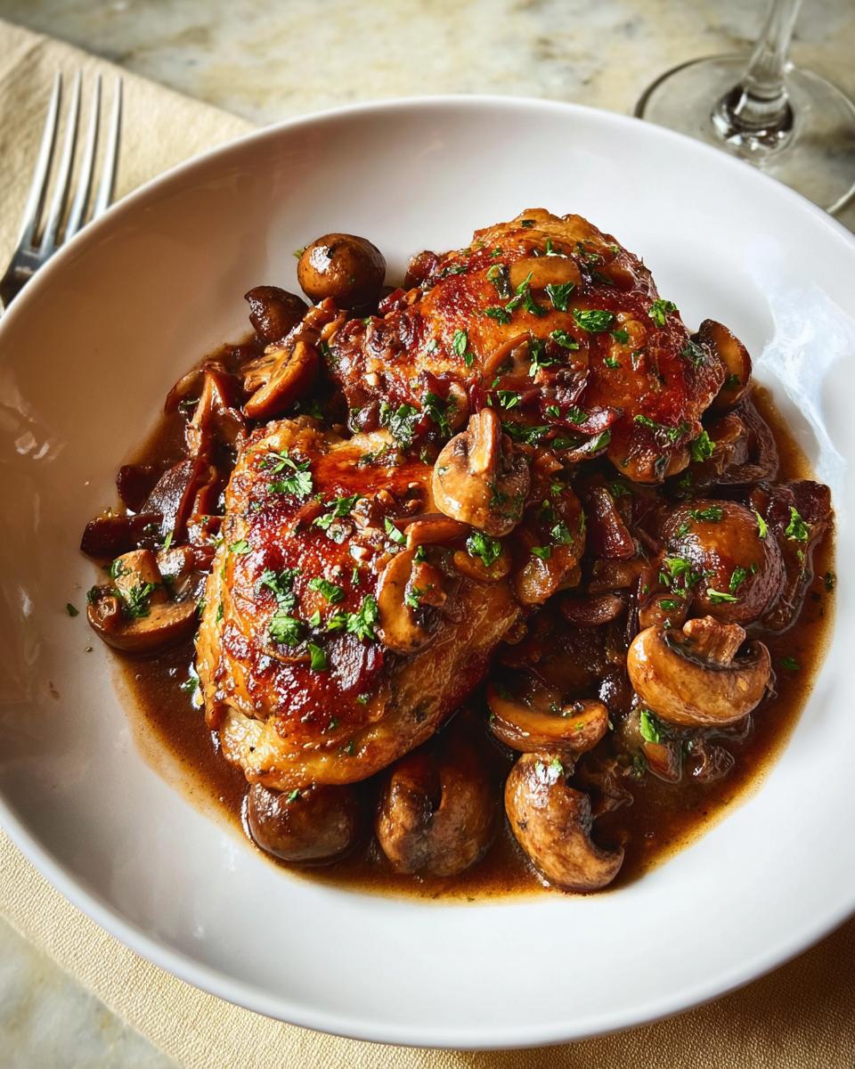 A close-up of a delicious chicken recipe with tender chicken thighs and mushrooms in a rich sauce, garnished with parsley.