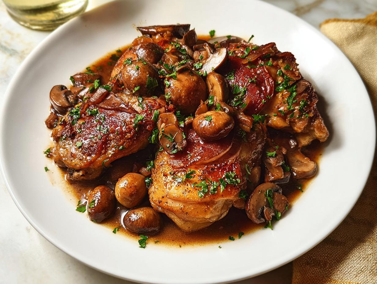 A close-up of a serving of chicken recipe with mushrooms and herbs in a rich sauce.