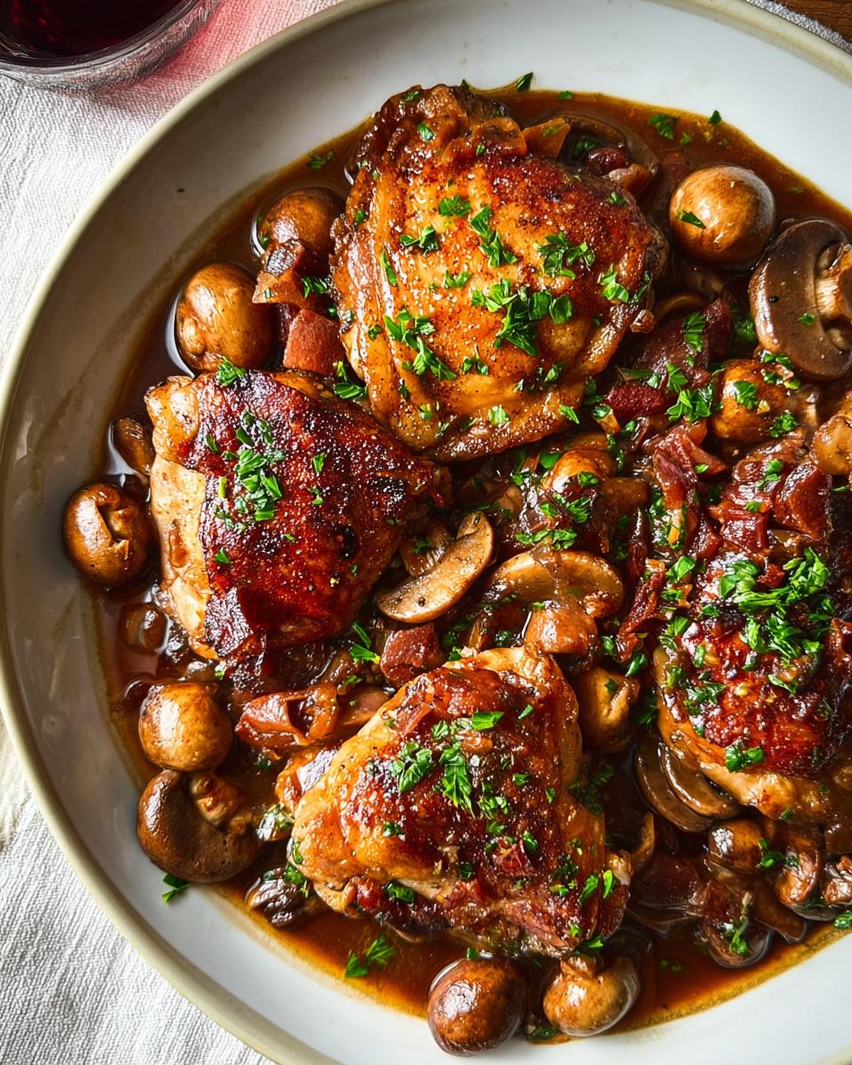 Close-up of tender chicken thighs braised in a rich sauce with mushrooms and bacon, a perfect example of why everyone loves this chicken recipe.