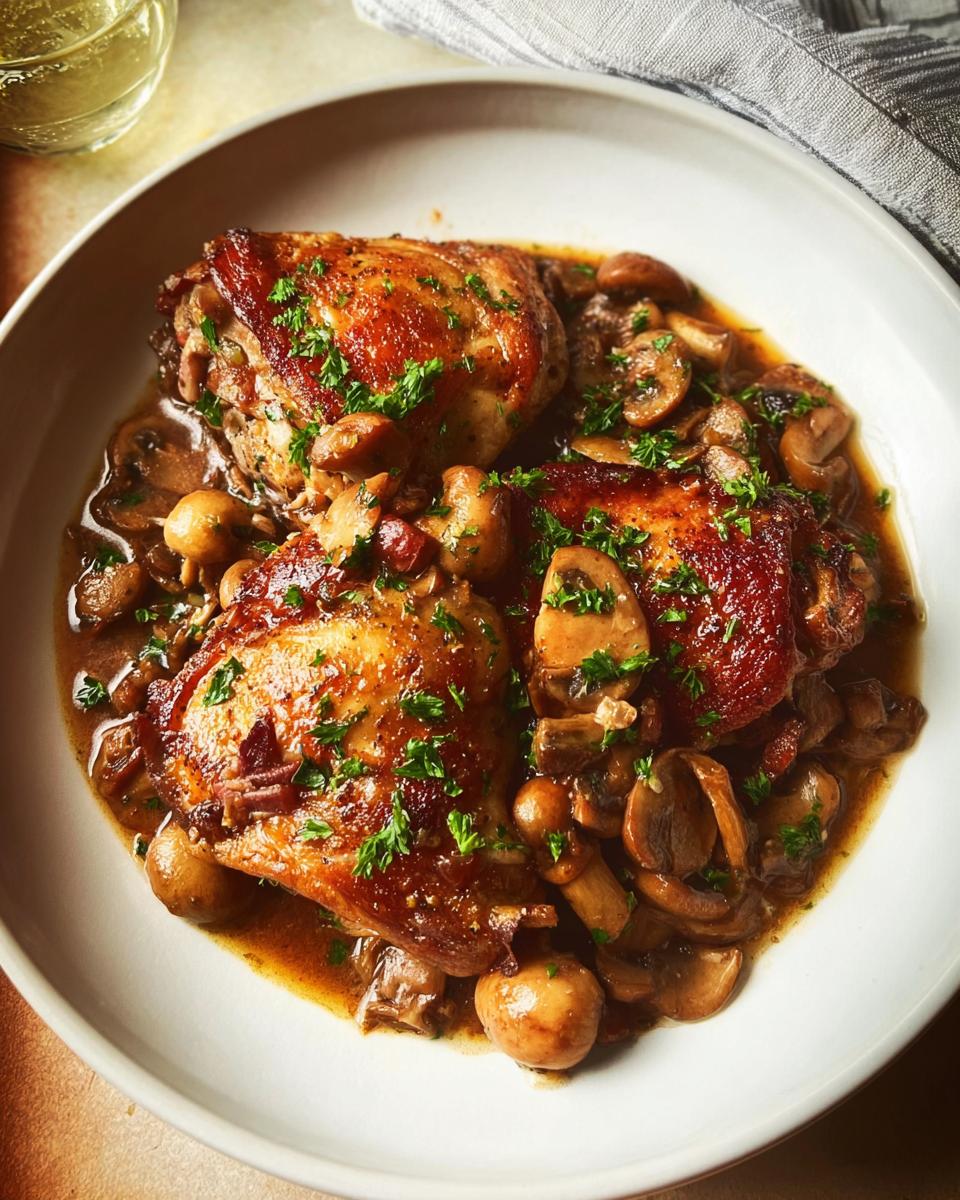 A white bowl filled with tender chicken pieces and sautéed mushrooms in a rich sauce, garnished with parsley.