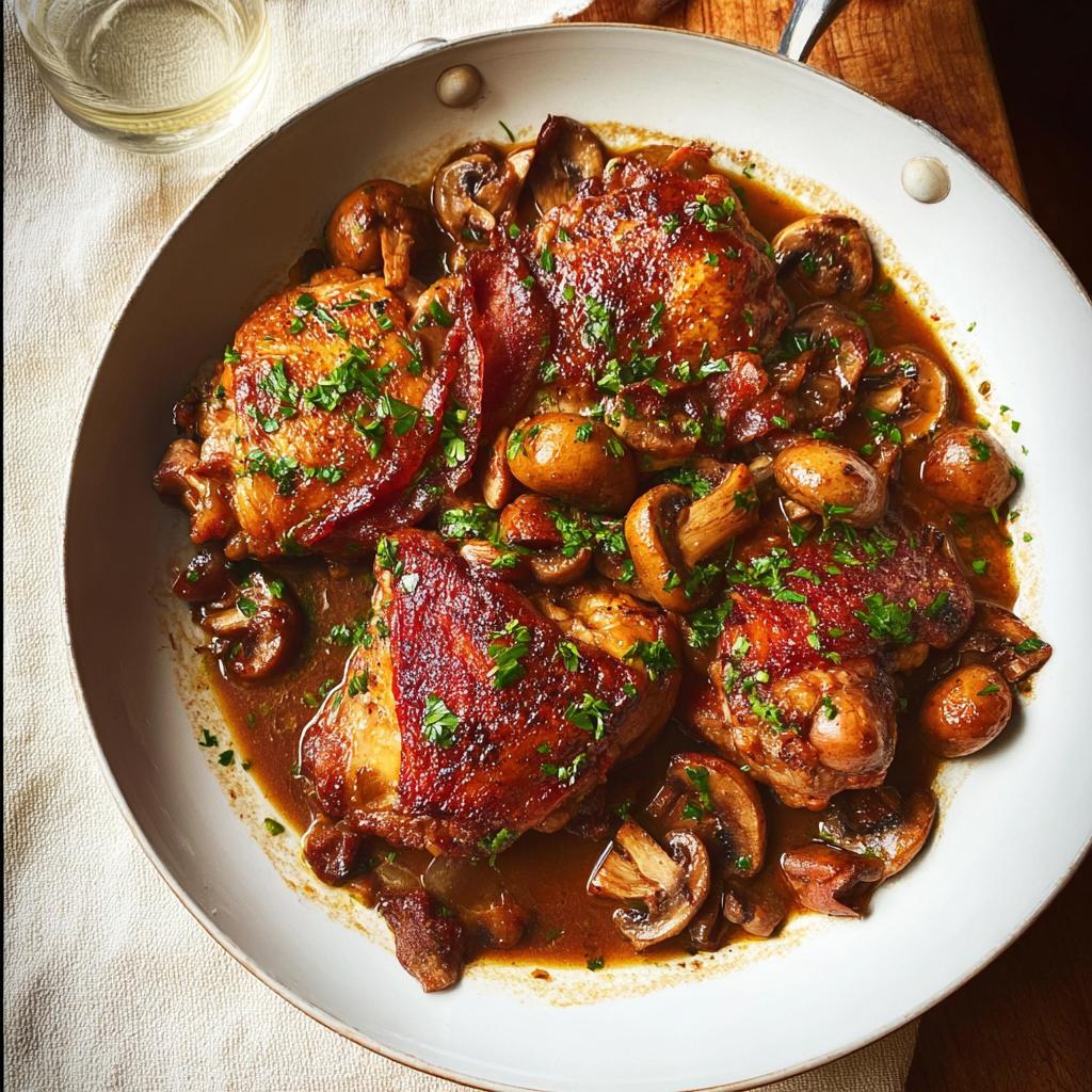 A close-up of tender chicken thighs braised with mushrooms in a rich sauce, garnished with fresh parsley.