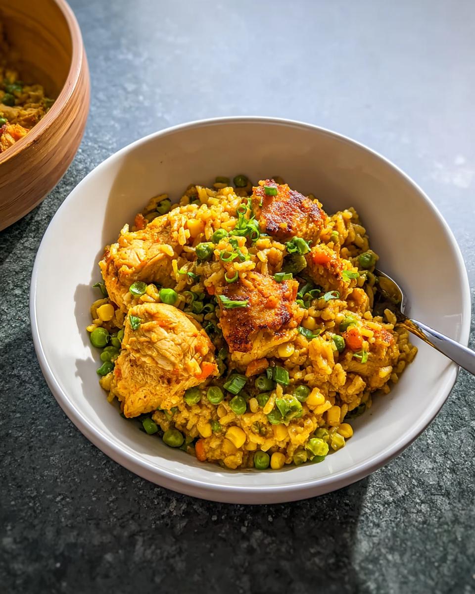 A close-up of a delicious chicken and rice bowl recipe with peas and corn, perfect for a weeknight meal.