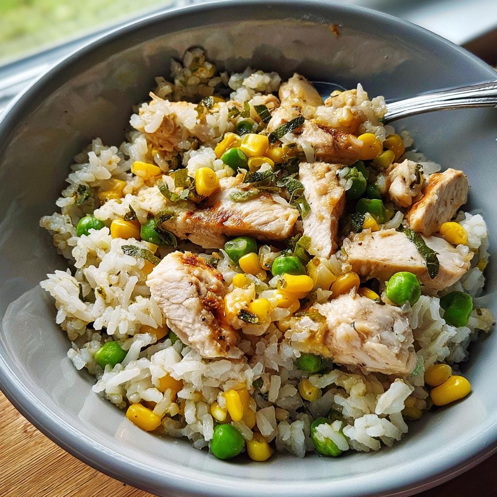 A close-up of a chicken rice bowls recipe with grilled chicken, corn, peas, and rice.