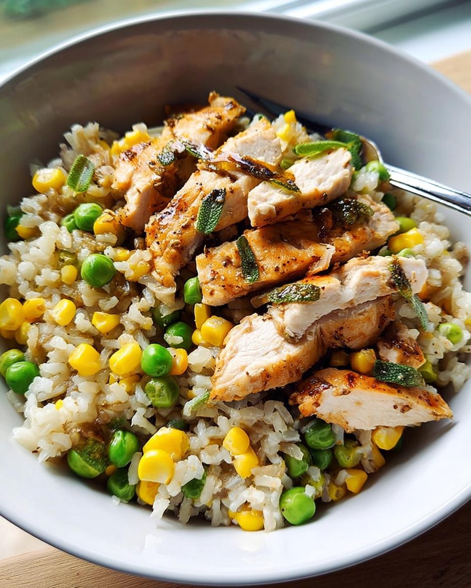 Close-up of a healthy chicken rice bowls recipe with corn, peas, and herbs.