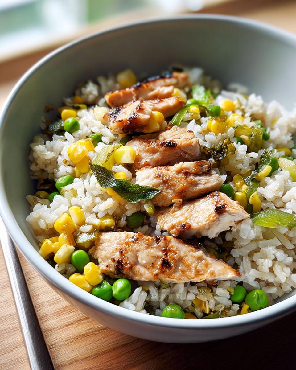 Close-up of a bowl filled with rice, grilled chicken, peas, and corn, part of a Rice Bowls Recipe.