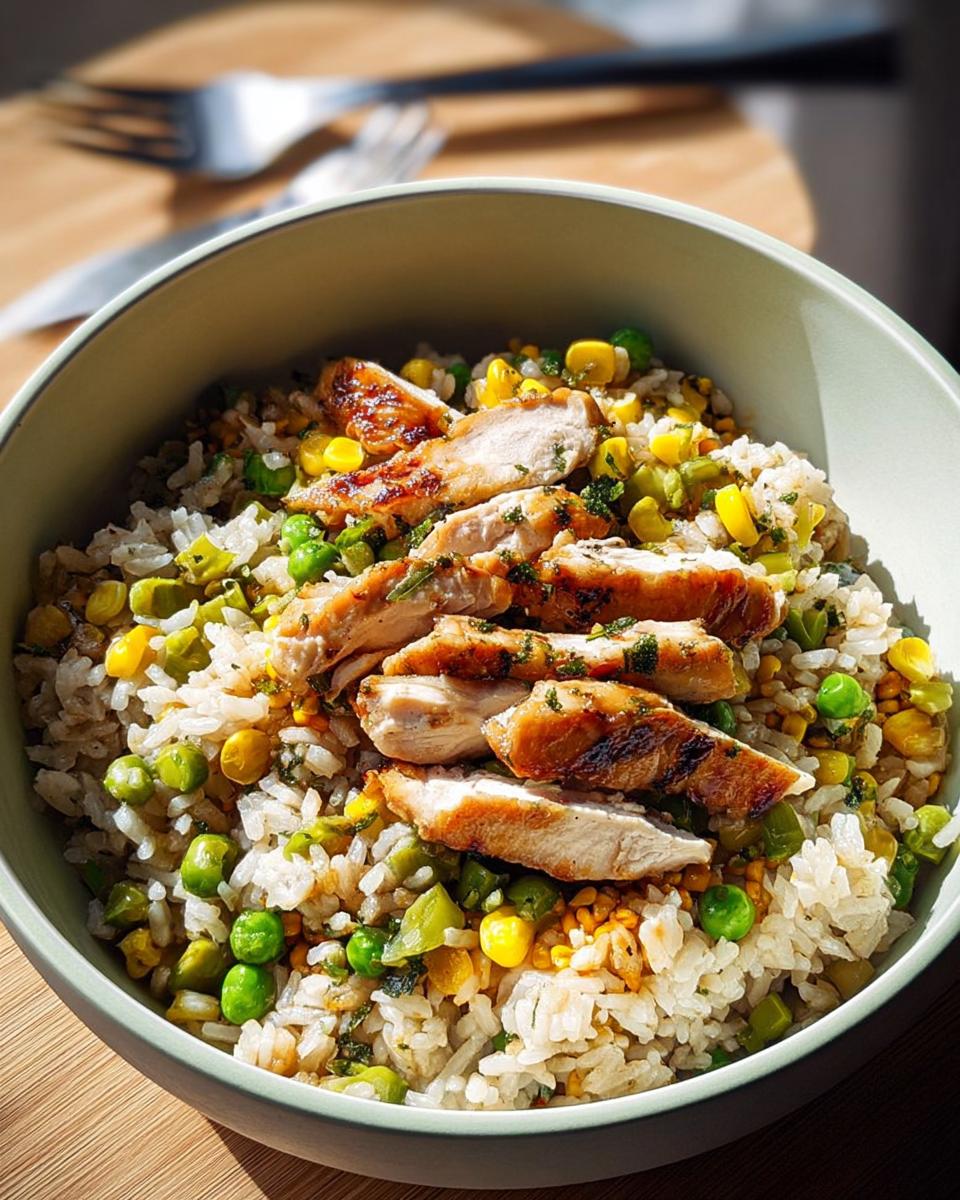 A close-up of a bowl filled with rice, peas, corn, and sliced grilled chicken, part of a Rice Bowls Recipe.