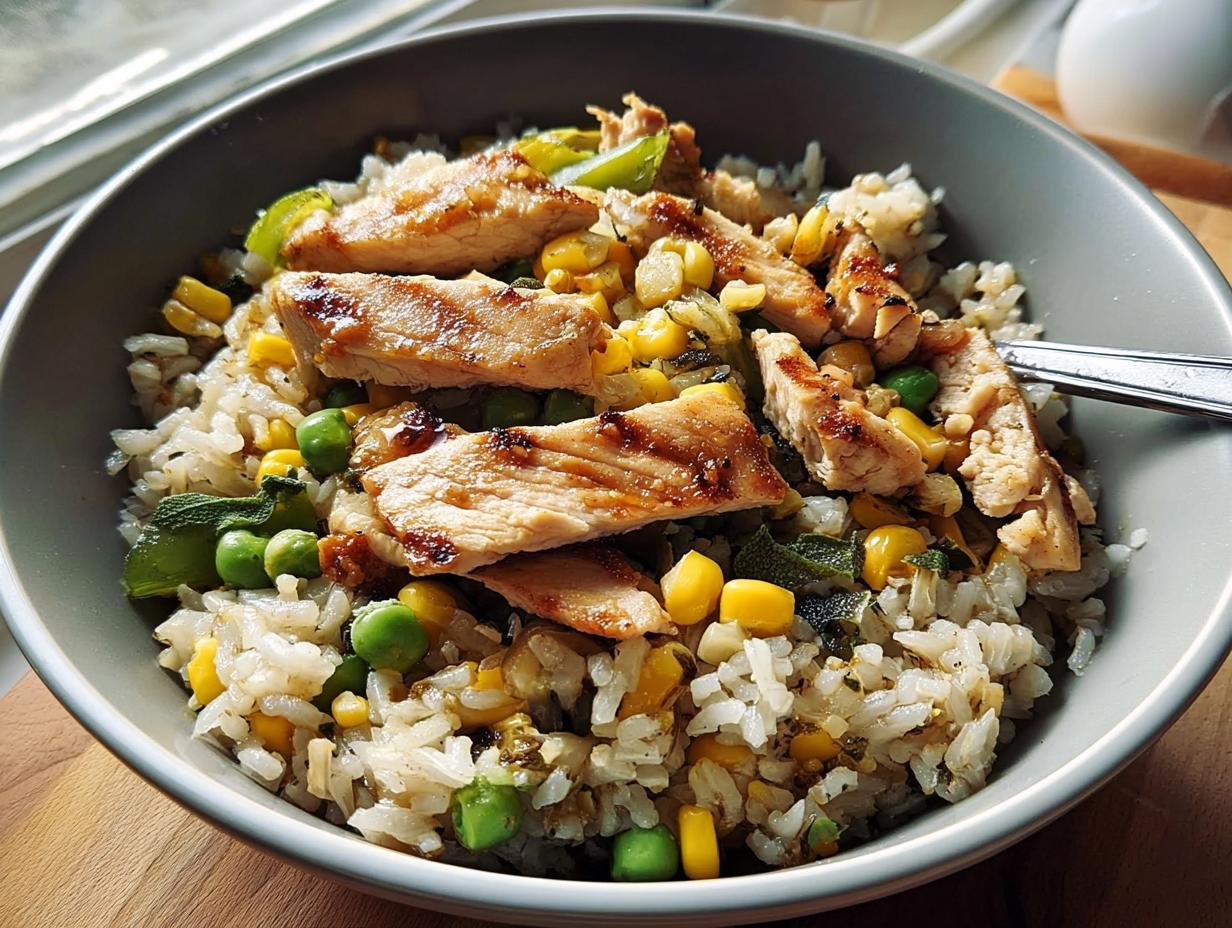 A close-up of a chicken rice bowls recipe with grilled chicken, corn, peas, and rice.