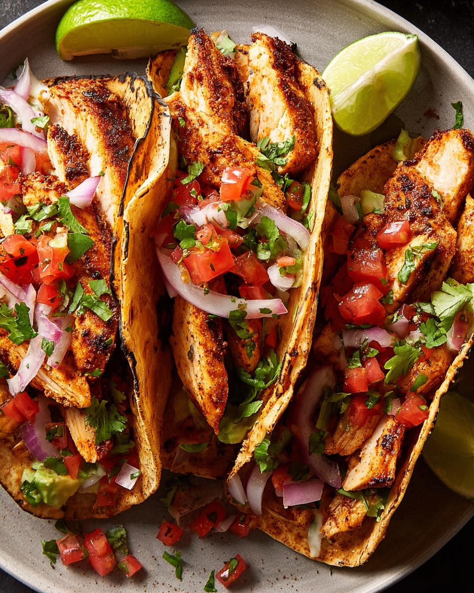 Three flavorful chicken tacos filled with seasoned chicken, pico de gallo, red onion, and cilantro, perfect for Taco Tuesday Recipes.