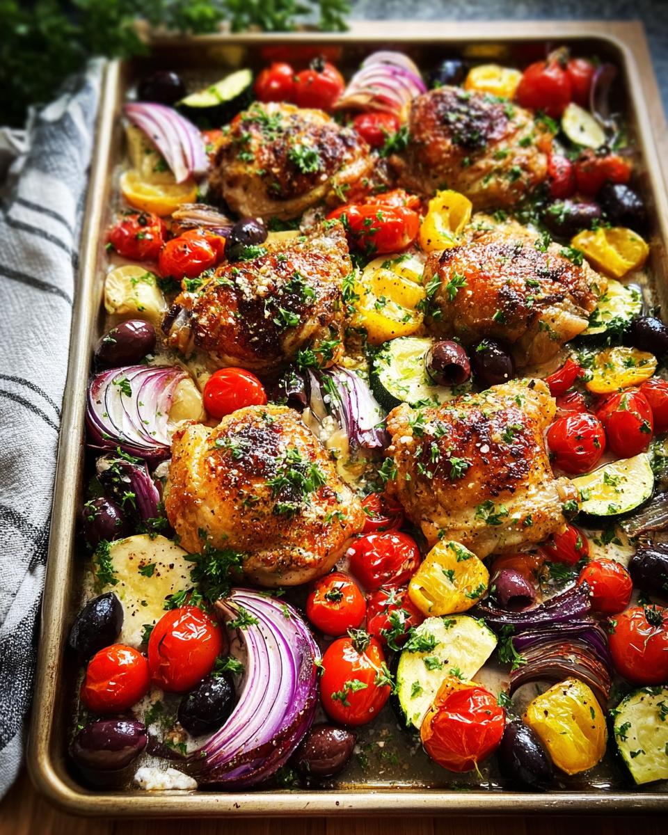 A vibrant sheet pan meal prep featuring roasted chicken thighs with cherry tomatoes, zucchini, red onion, olives, and lemon slices.