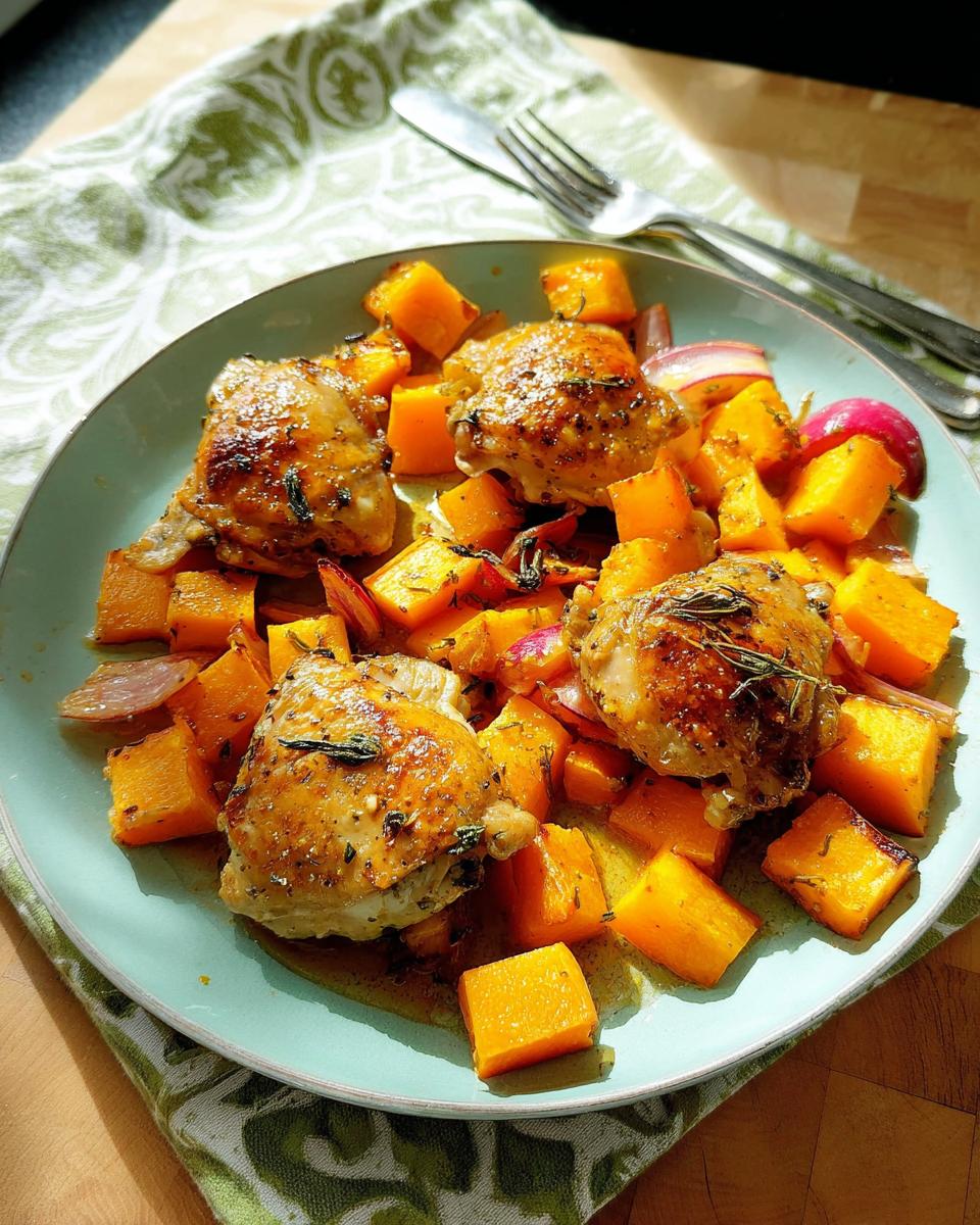 A plate of roasted chicken thighs with cubed butternut squash and red onion, seasoned with herbs.