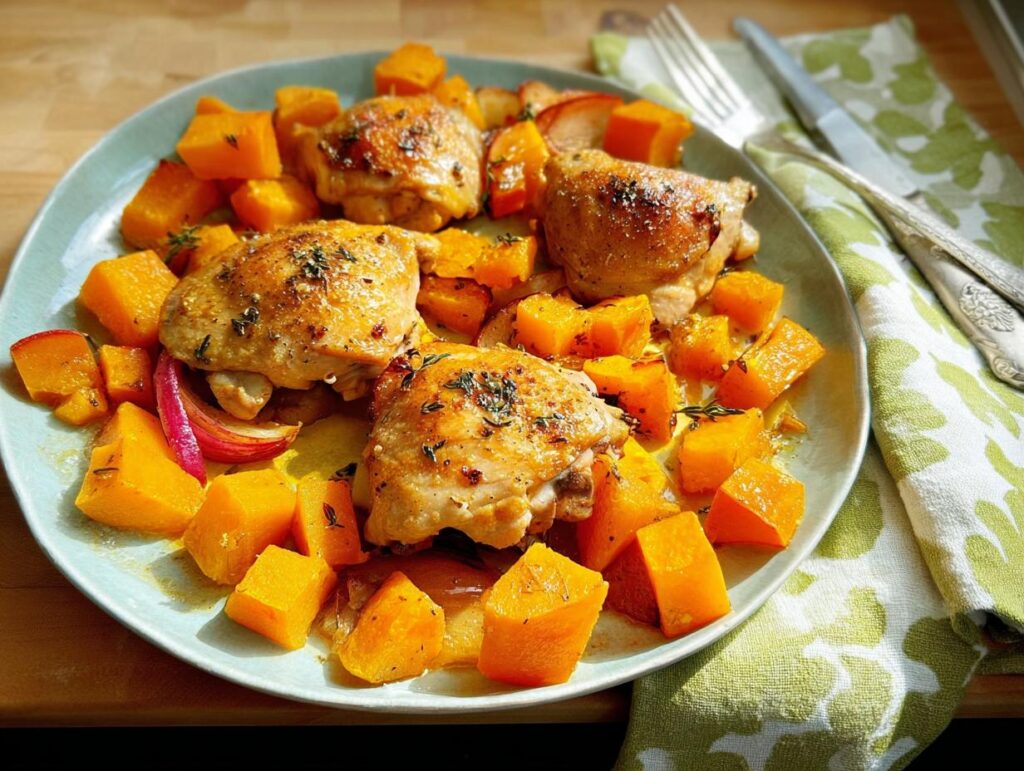 A plate of roasted chicken thighs with cubes of butternut squash and red onion, seasoned with herbs.