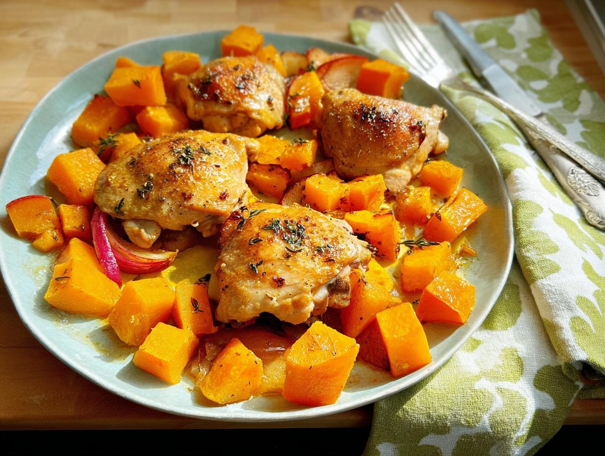 A plate of roasted chicken thighs with cubes of butternut squash and red onion, seasoned with herbs.