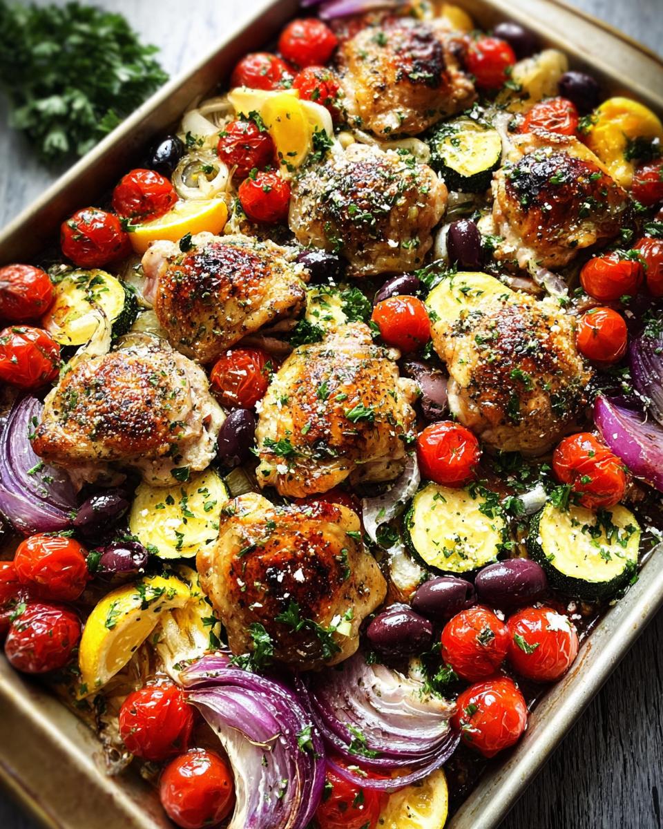 A delicious sheet pan meal prep featuring golden brown chicken thighs with cherry tomatoes, zucchini, red onion, olives, and lemon.