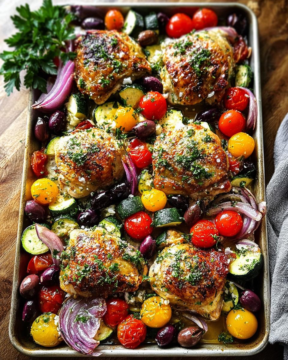 Overhead view of a sheet pan filled with roasted chicken thighs, cherry tomatoes, zucchini, red onion, and olives, seasoned with herbs.