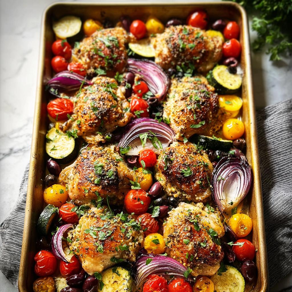 A golden brown sheet pan filled with seasoned chicken thighs, cherry tomatoes, red onion wedges, zucchini slices, and olives, ready for meal prep.