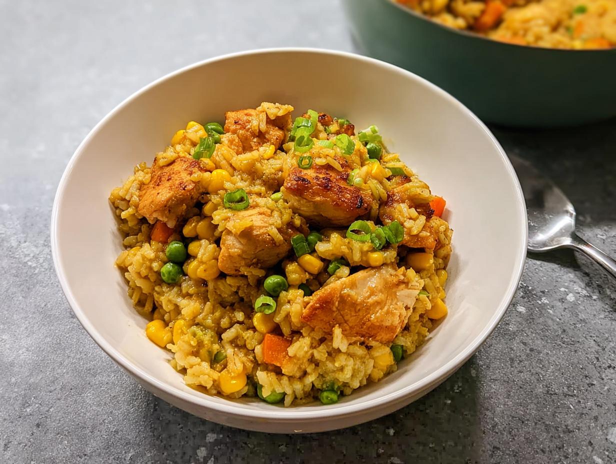 A bowl of delicious chicken and vegetable rice, featuring rice, chicken pieces, corn, peas, and green onions.