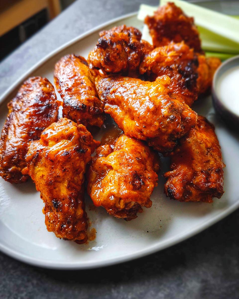 A plate full of perfectly cooked, saucy chicken wings, served with celery sticks and a side of dip. This is our favorite Chicken Wings Recipe.