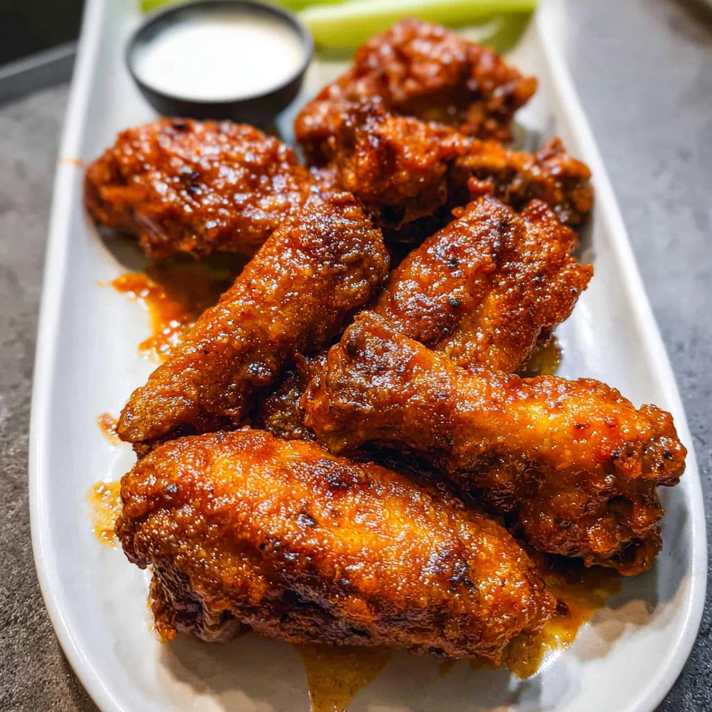 A close-up of a plate of perfectly cooked, glossy chicken wings from our popular chicken wings recipe, served with a side of dipping sauce and celery sticks.